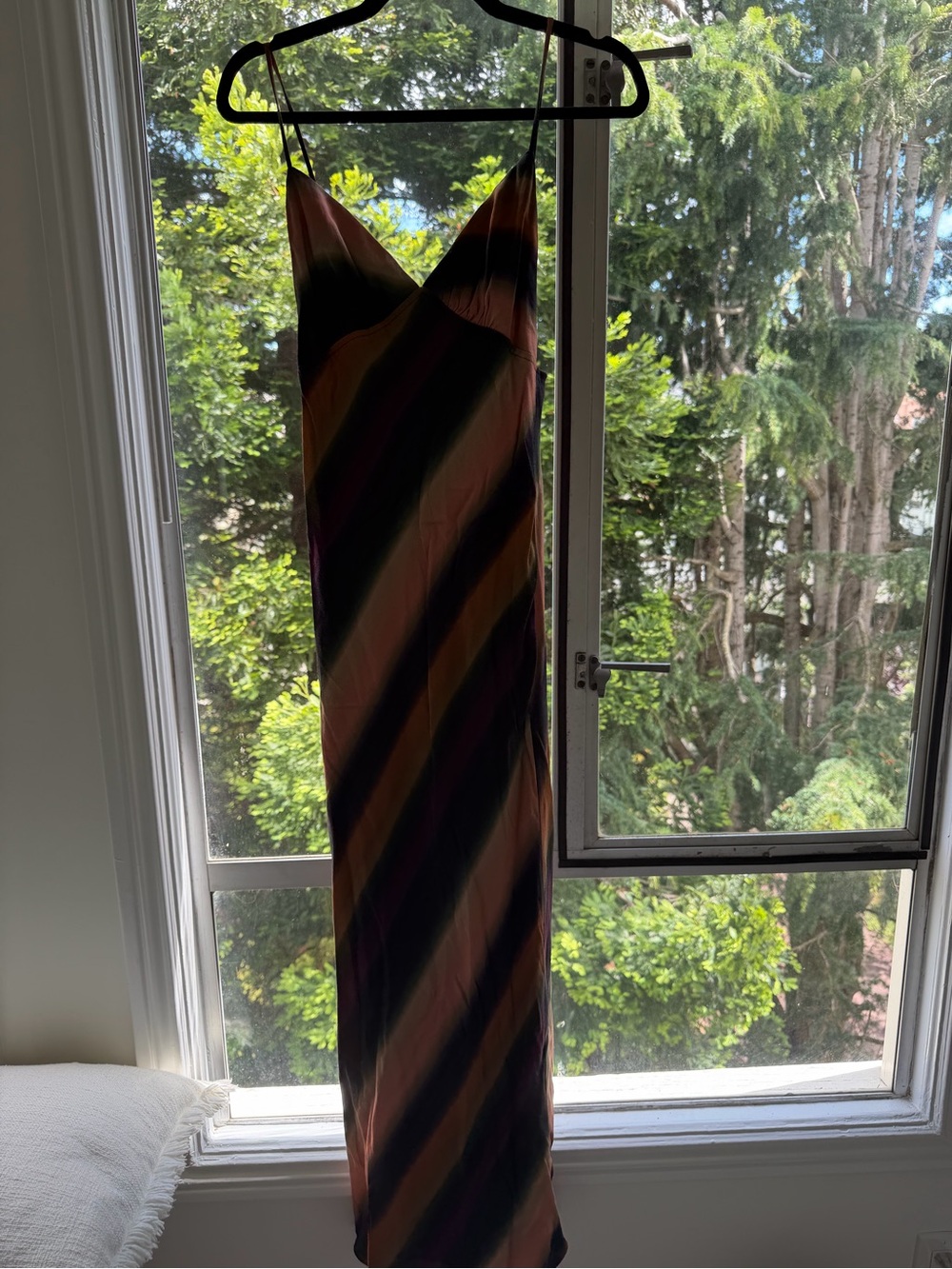 DISSH Diagonal Stripe Maxi Slip Dress in Black, Orange and Brown